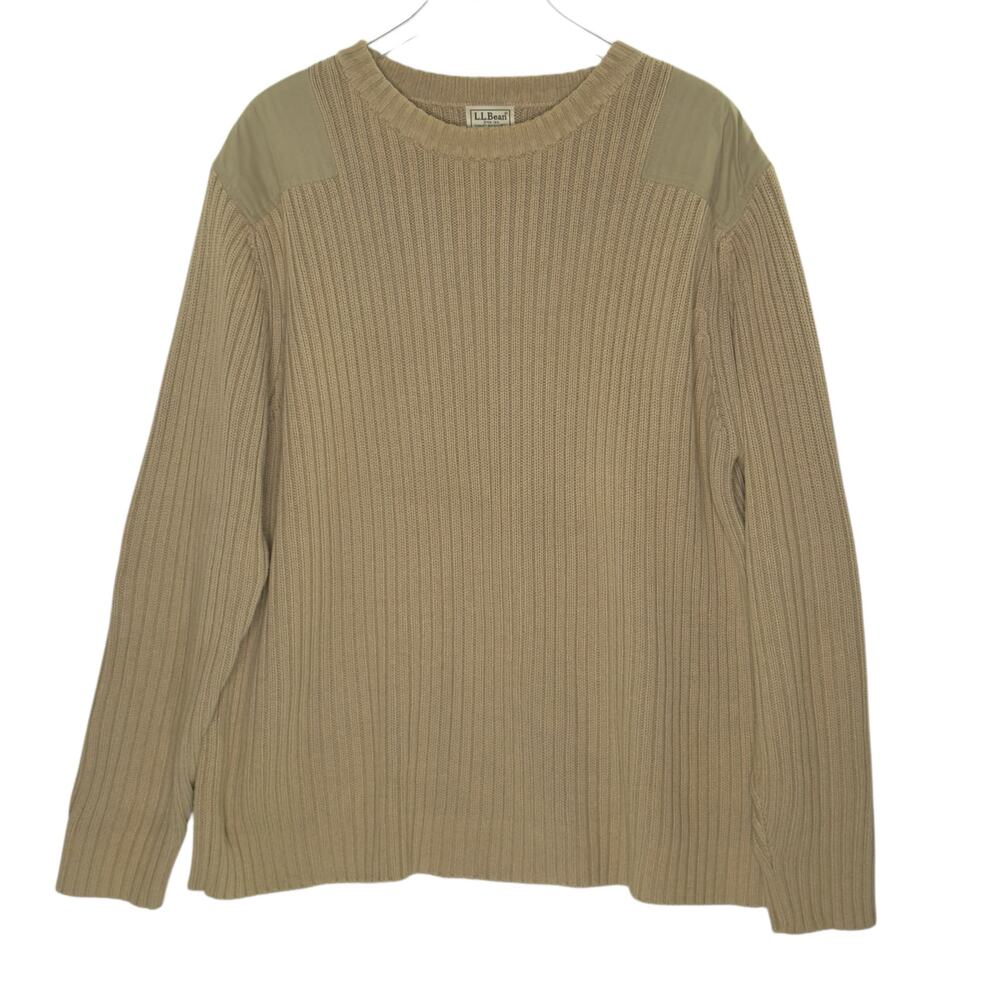 L.L.Bean Vintage Ribbed Crewneck Sweater Shoulder Patch Men Tan XXL